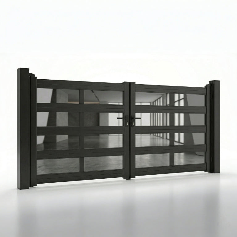 Modern Aluminum & Glass Double Driveway Gate